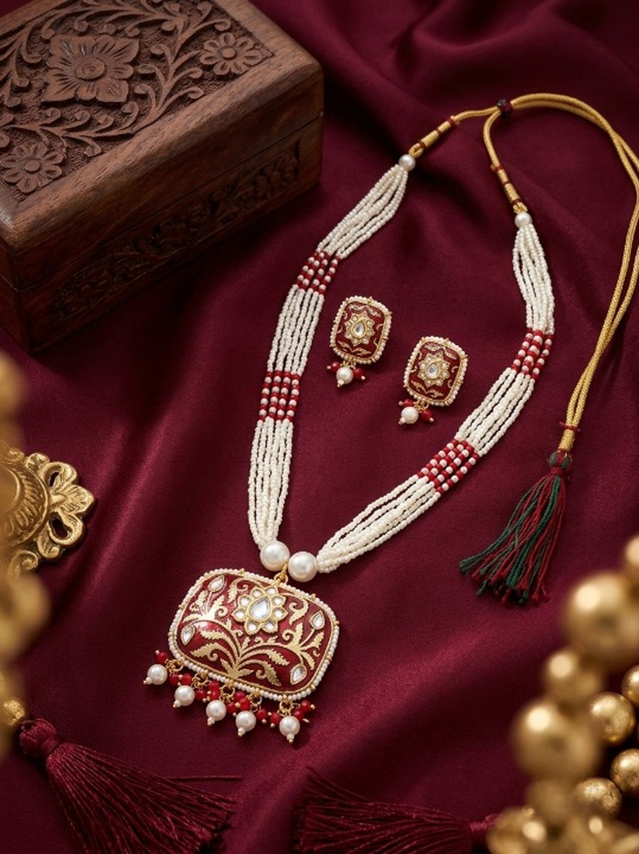Jewel City Red Kundan Pearl Long Necklace Set|Festival Jewelry For Women | Grocsy