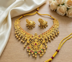 Jewel City Gold Plated South Indian Temple Jewelry Set-Traditional Festive Necklace with Earrings-Bollywood Style Ethnic Set | Grocsy
