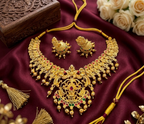 Jewel City Gold Plated South Indian Temple Jewelry Set-Traditional Festive Necklace with Earrings-Bollywood Style Ethnic Set | Grocsy