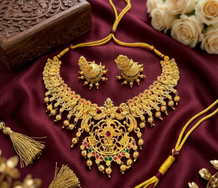 Jewel City Gold Plated South Indian Temple Jewelry Set-Traditional Festive Necklace with Earrings-Bollywood Style Ethnic Set | Grocsy