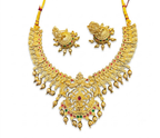 Jewel City Gold Plated South Indian Temple Jewelry Set-Traditional Festive Necklace with Earrings-Bollywood Style Ethnic Set | Grocsy
