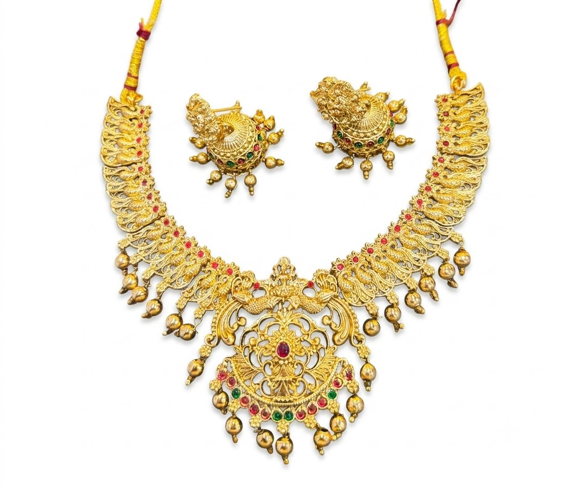 Jewel City Gold Plated South Indian Temple Jewelry Set-Traditional Festive Necklace with Earrings-Bollywood Style Ethnic Set | Grocsy