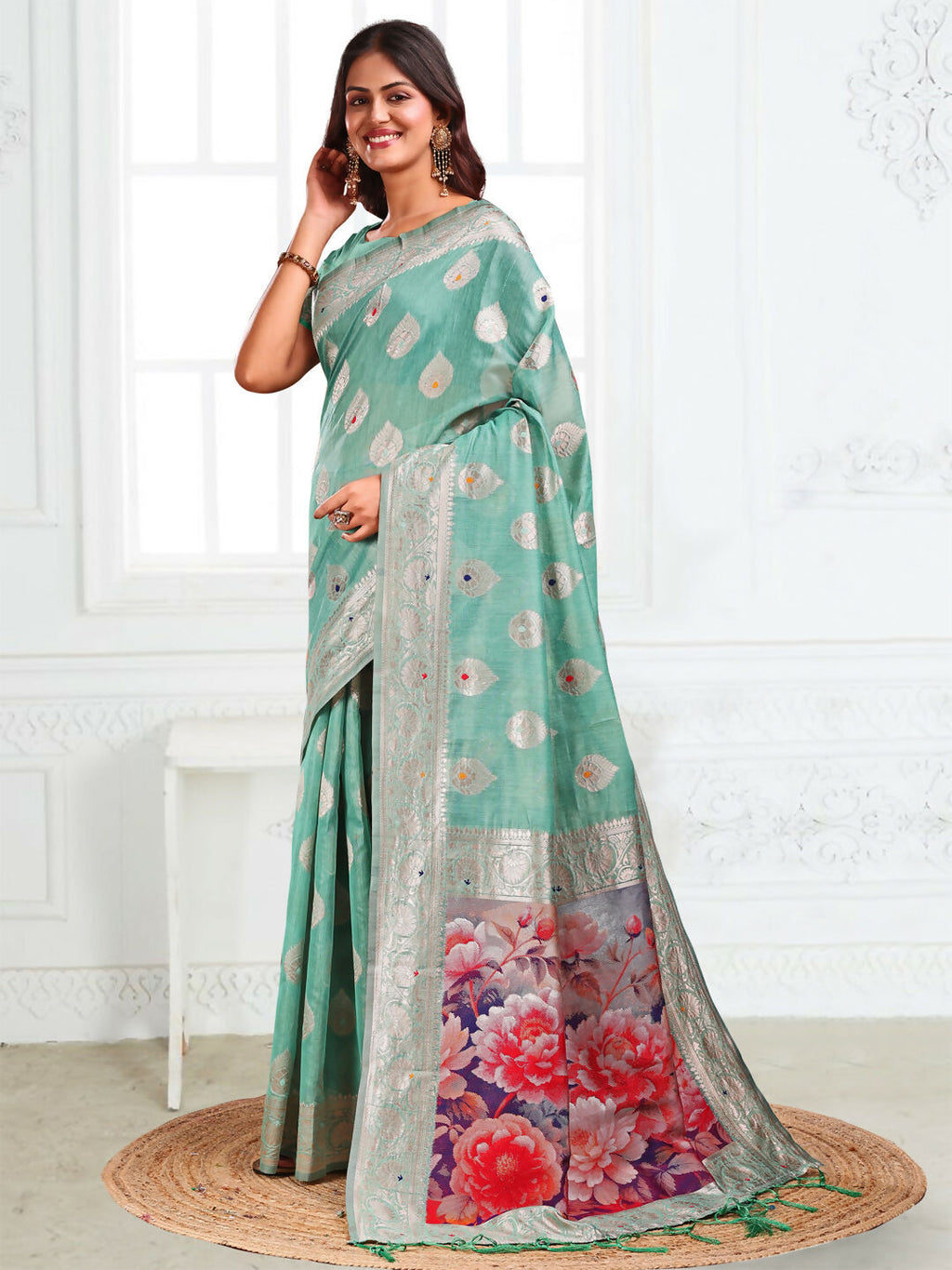 Shree Shyam Fashion Linen Cotton Rama Green Saree | Grocsy