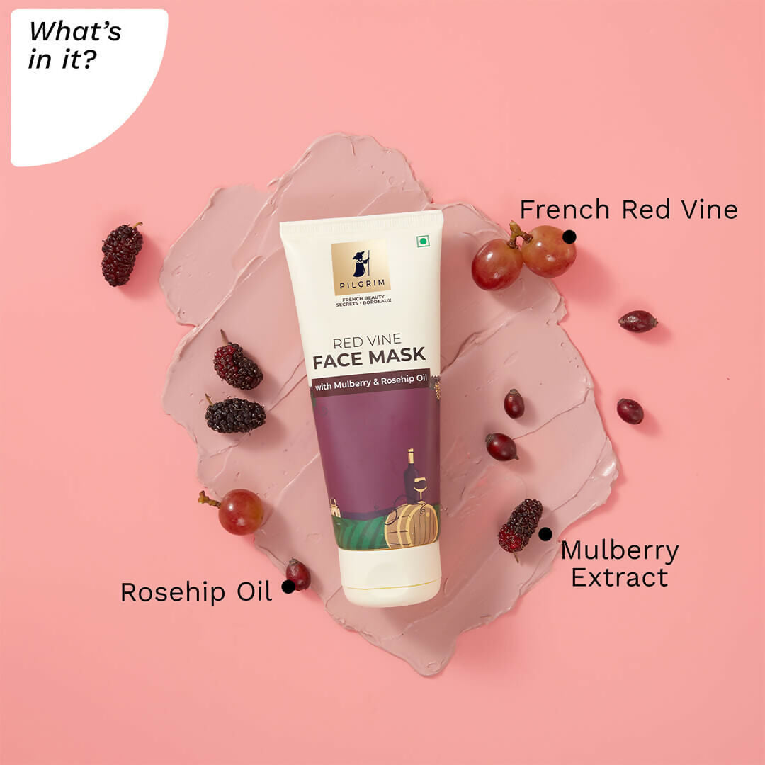 Pilgrim Anti Ageing Red Vine Face Mask with Mulberry Extracts & Rosehip Oil For Glowing Skin, De-Tan, Dark Spots, Blackheads Removal | Grocsy