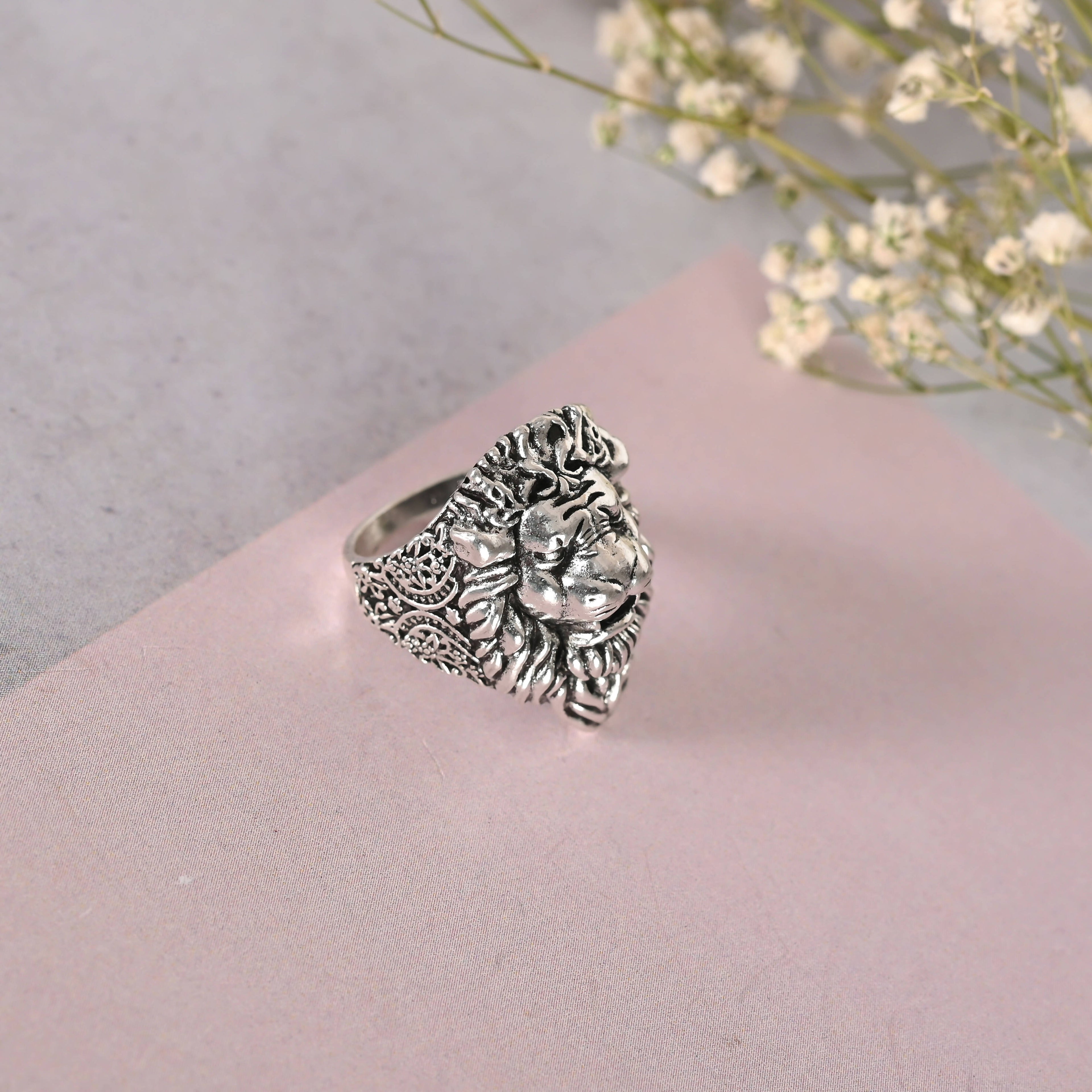 NVR Men Silver-Plated Lion Face Finger Ring | Grocsy
