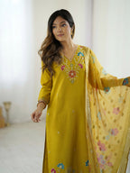 The52 Yellow Women's Gorgeous Embroidered work Viscose Gadhwal Fabric Straight Kurta, Pant and Dupatta Set | Grocsy