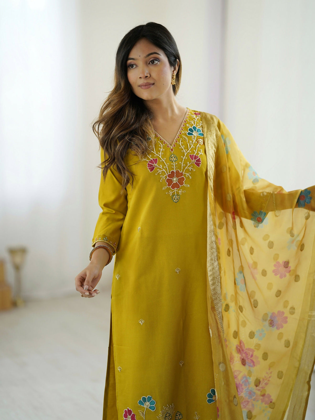 The52 Yellow Women's Gorgeous Embroidered work Viscose Gadhwal Fabric Straight Kurta, Pant and Dupatta Set | Grocsy