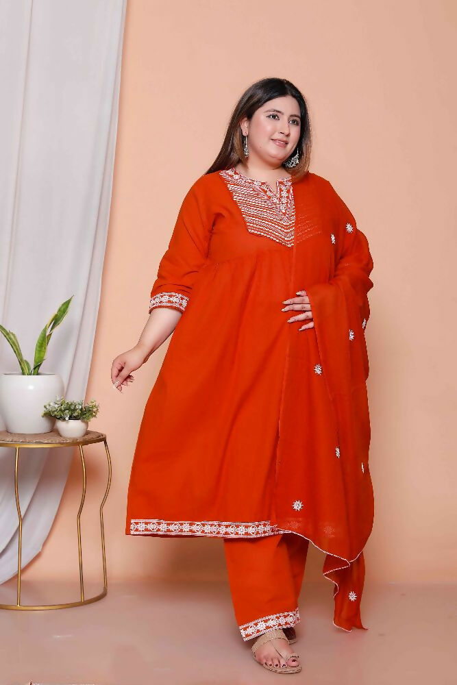 Miravan Womens Plus Size Floral Embroidered Rust Straight Cotton Kurta & Palazzo With Dupatta Set | Grocsy