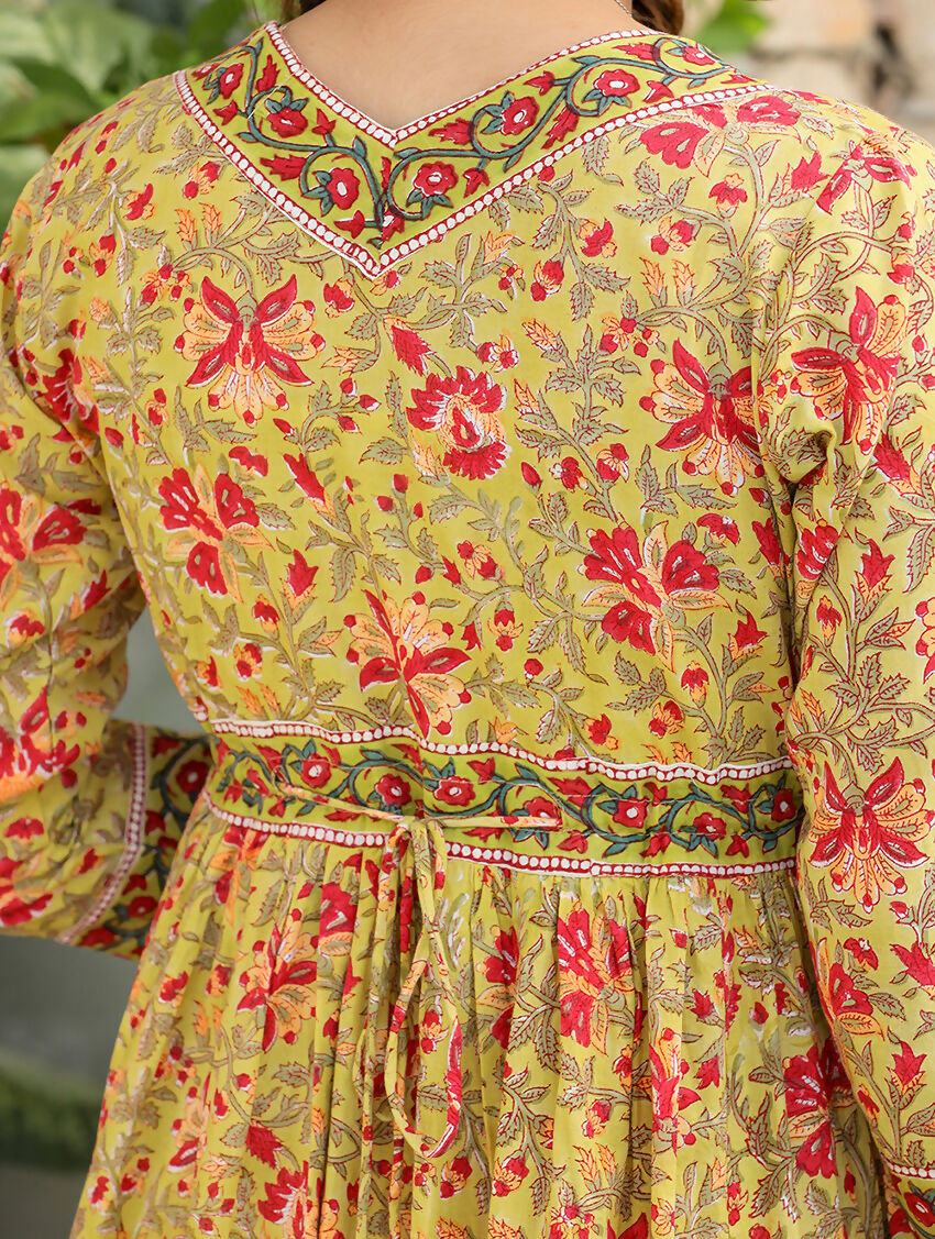 Kaajh Women's Mustard Printed Cotton Handblock Dress | Grocsy