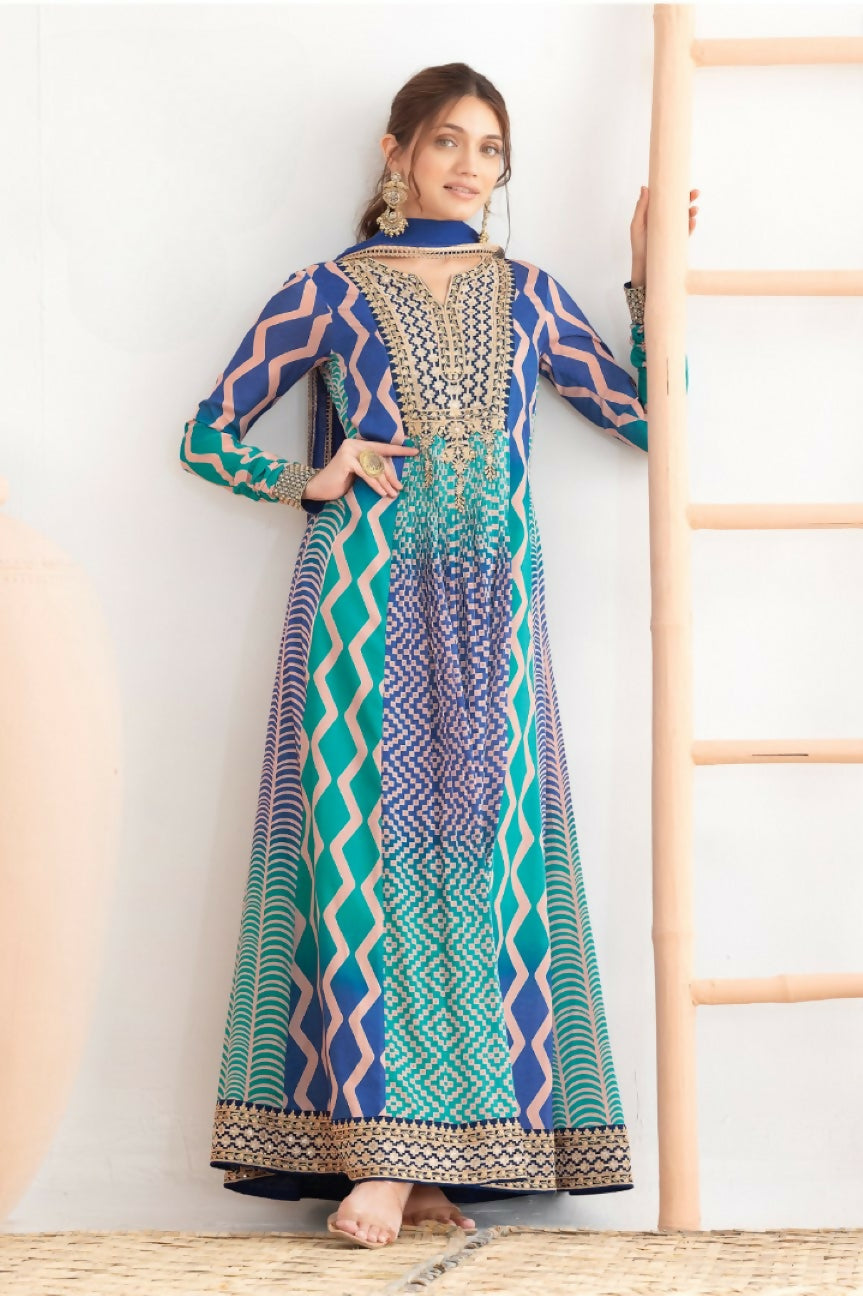 Anaita Blue Chinon Stitched Anarkali Suits With Embroidery & Sequence Work | Grocsy