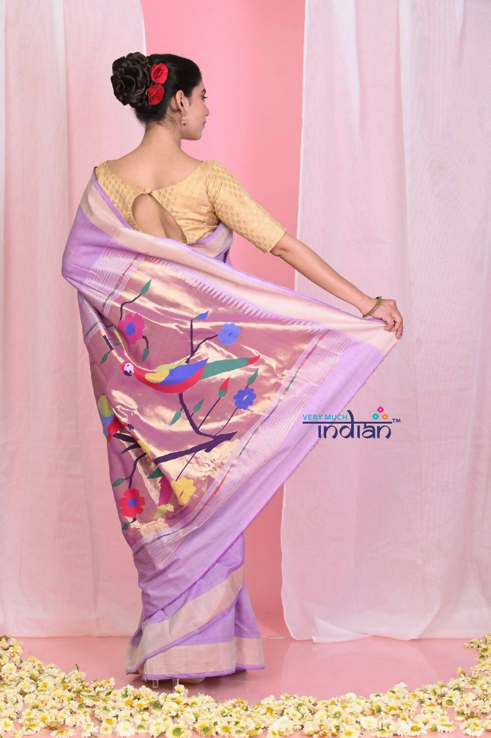 Very Much Indian Handloom Pure Cotton Paithani With Handwoven Pallu -Lilac | Grocsy