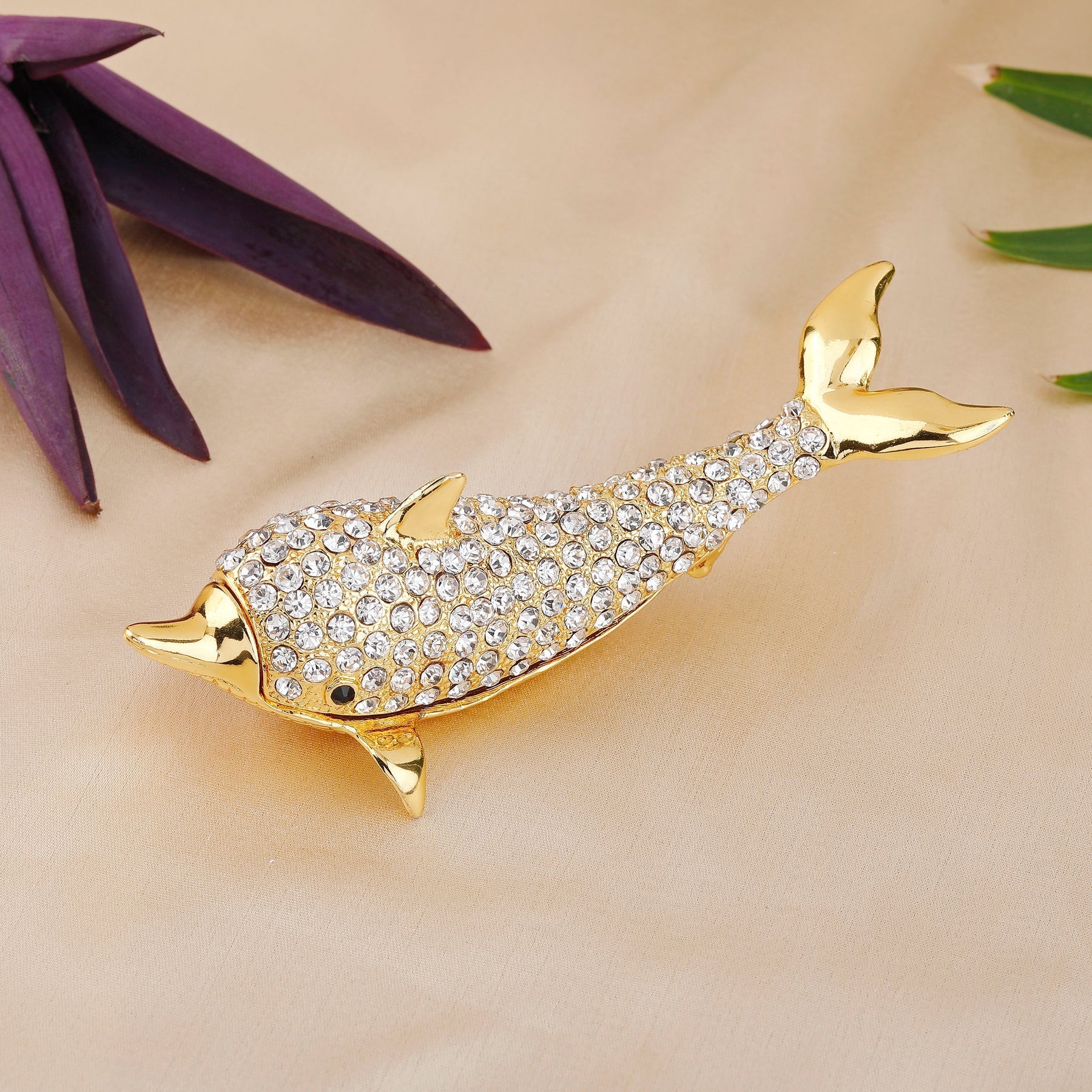 Estele Gold-Polished Marvelous Dolphin Idol with White Austrian Crystals for Home/Car Decor | Grocsy