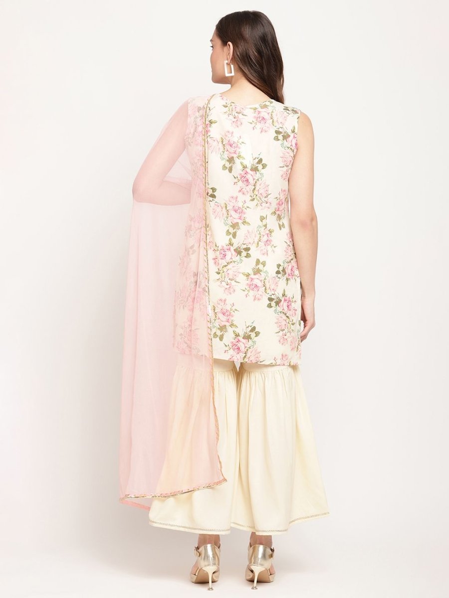 Ahalyaa Women's Beige Crepe Digital Floral Print Kurta Sharara Set with Dupatta | Grocsy