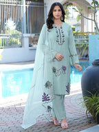 Nikhaar Sea Green Embroidered Art Silk Stitched Straight Cut Kurta Pants Dupatta Readymade Suit | Grocsy