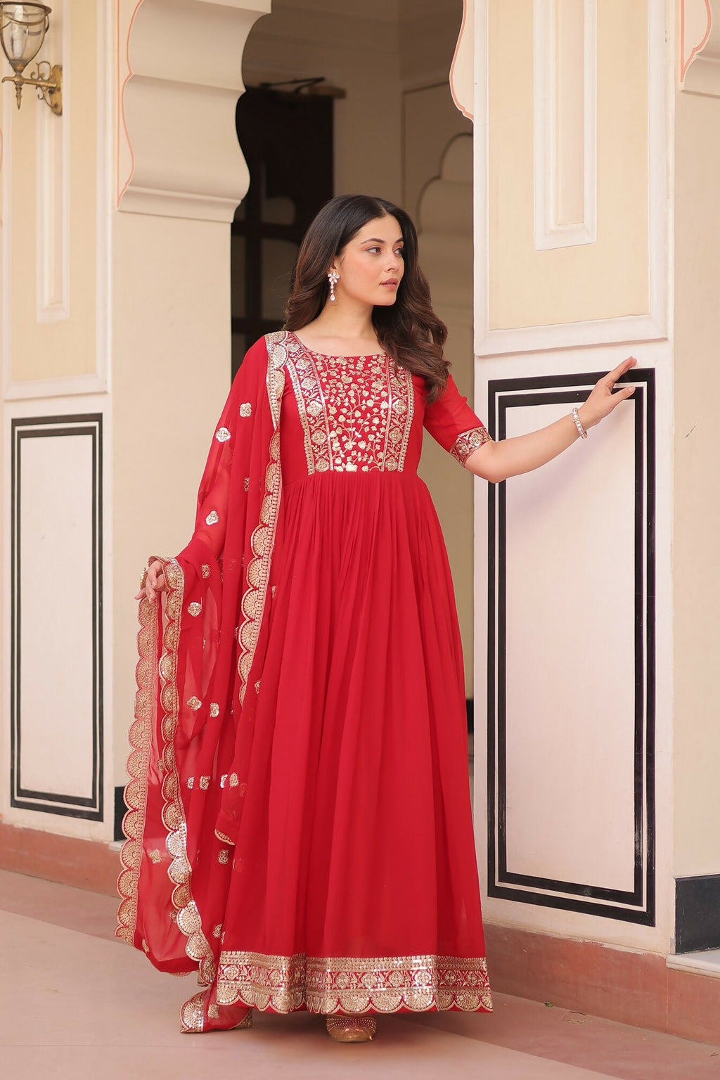 Joban Fashion Red Georgette Sequence Embroidery Work Kurta Set | Grocsy
