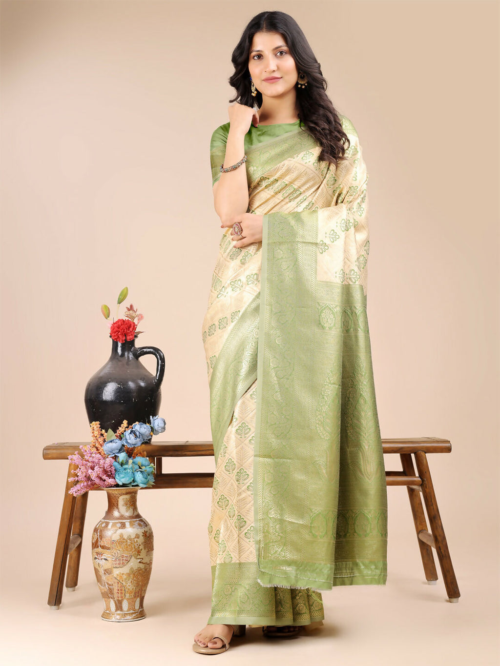 Shree Shyam Fashion Aura Silk Cream Light Green Banarasi Silk Saree | Grocsy