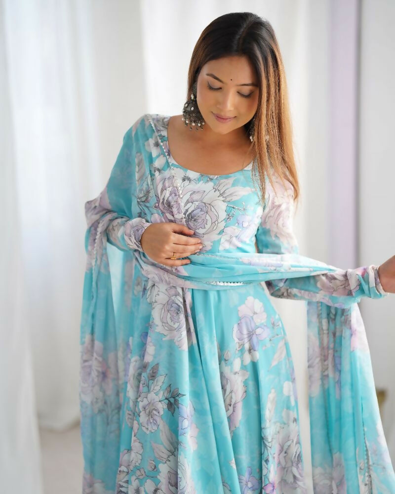 The52 Women's Gorgeous Printed Fox Georgette Fabric Flared Anarkali and Dupatta Set | Grocsy
