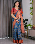 PR Fashion Blue Pure Handloom Linen Saree | Grocsy