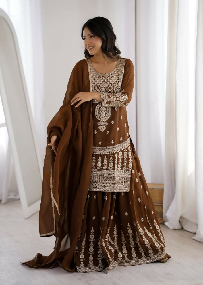 Lehenga Mart Designer Sharara Suit With Kurta, Sharara, Dupatta For Women-Brown | Grocsy