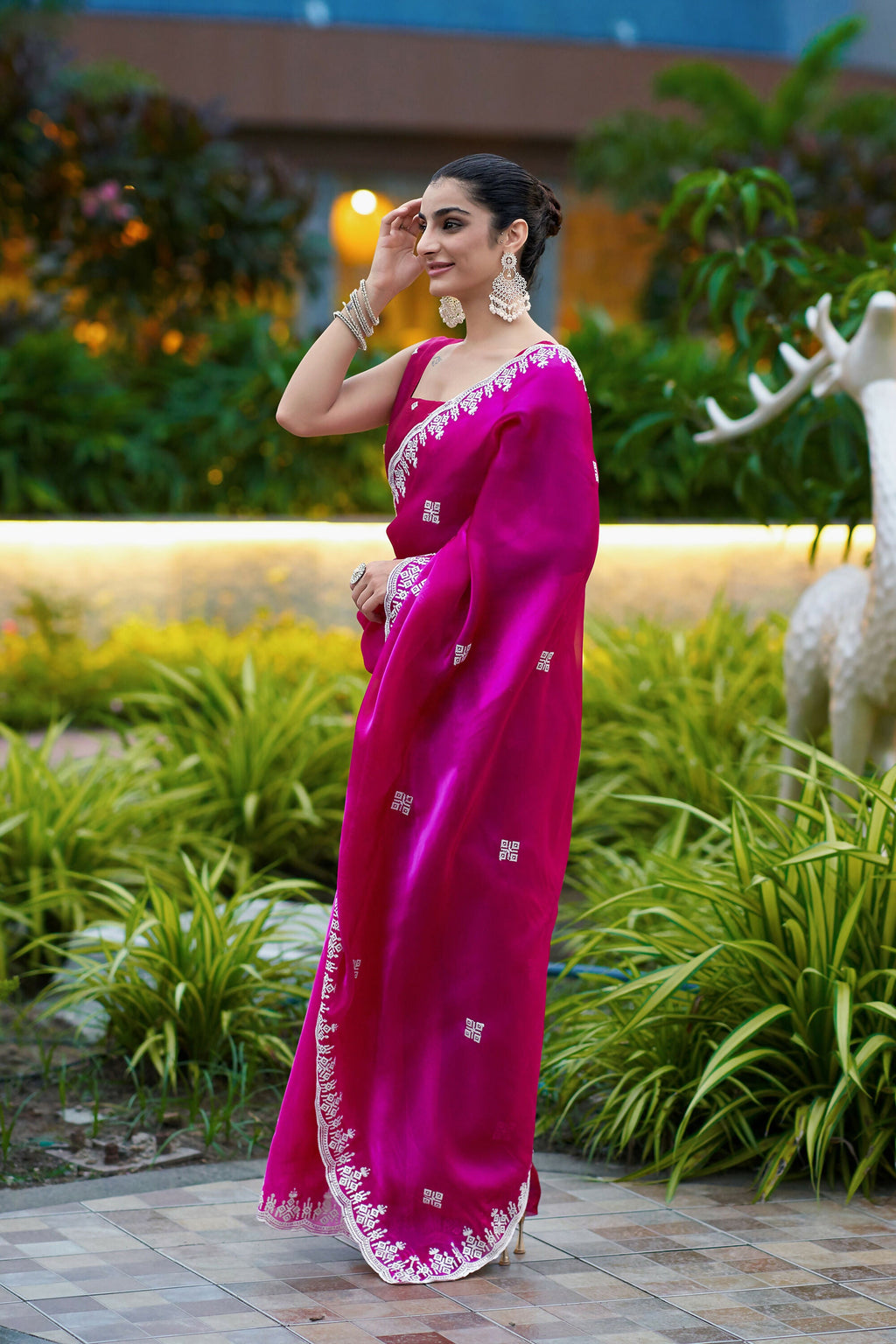 Vastranavya Pink Embroidery Work Shimmer Chiffon Saree with Unstitched Blouse | Grocsy