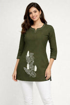 Teeya Creation Womens New Latest Cotton Mehendi Green Floral Embroidered Short Kurti | Grocsy
