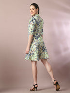 Myshka Women's Green Printed Shirt Collar Fit and Flare Party Dress | Grocsy