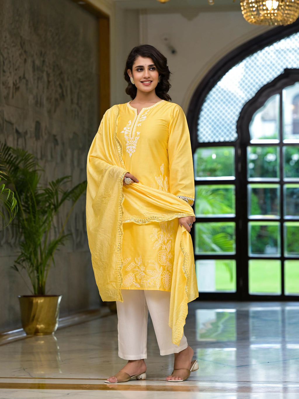 Juniper Women's Yellow Thread Embroidered Viscose Kurta Palazzo And Dupatta Set With Thread & Mirror Work | Grocsy