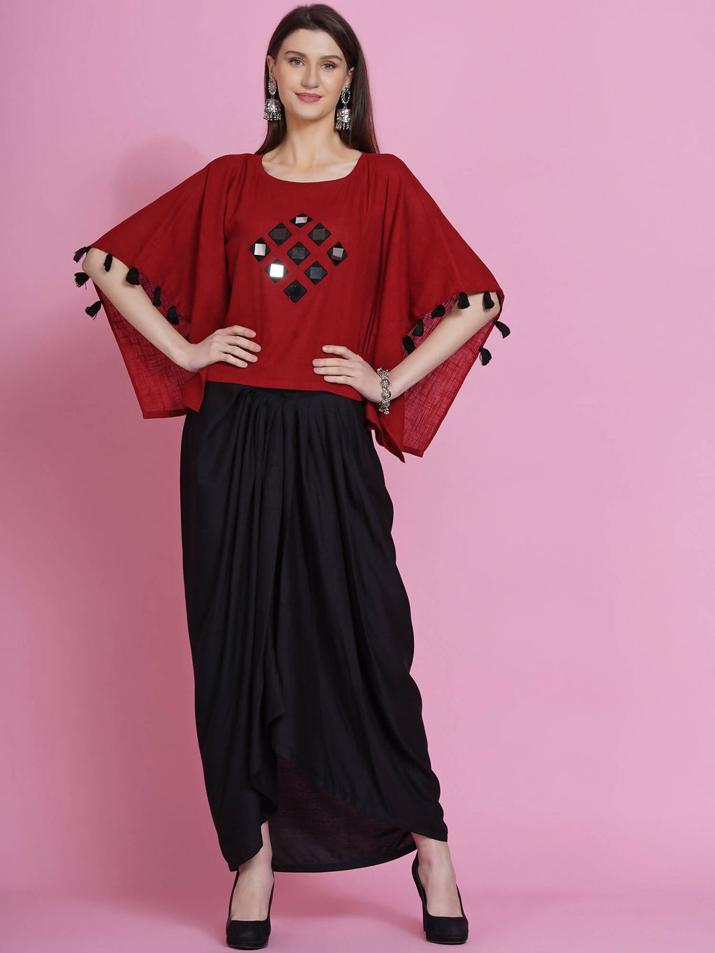Women Republic Maroon Cotton Kaftan With Dhoti | Grocsy
