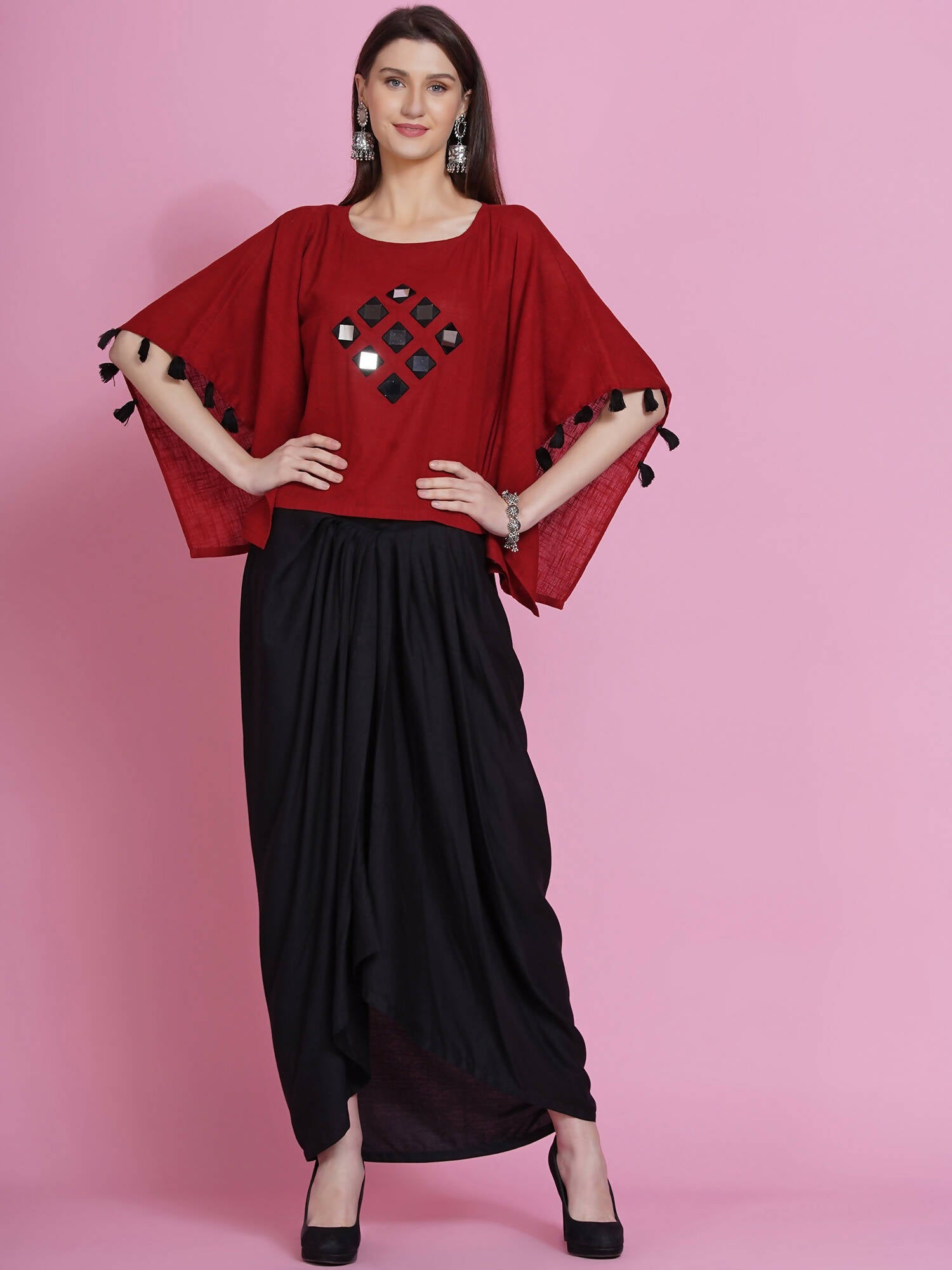Women Republic Maroon Cotton Kaftan With Dhoti | Grocsy