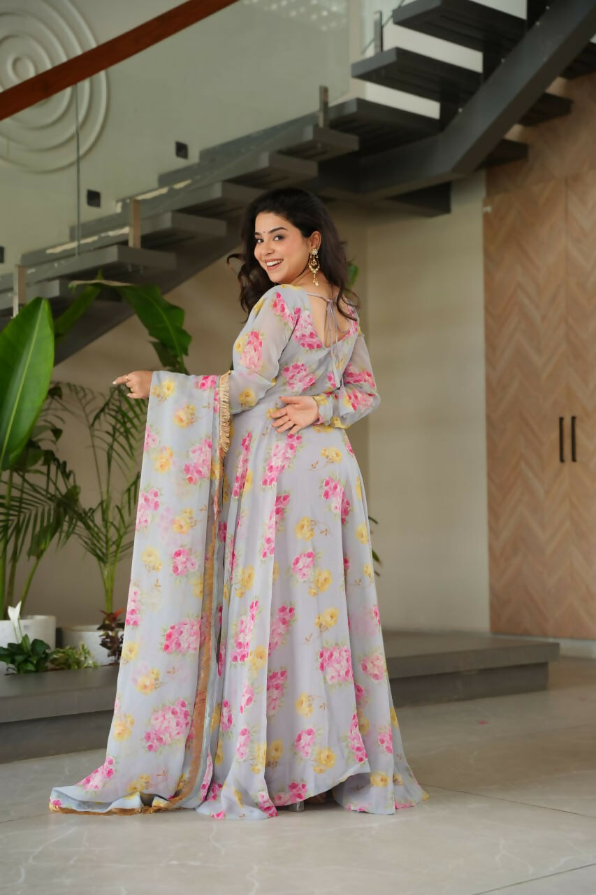 Vastranavya Light Grey Faux Georgette With Rich Flower Digital Print work Gown | Grocsy