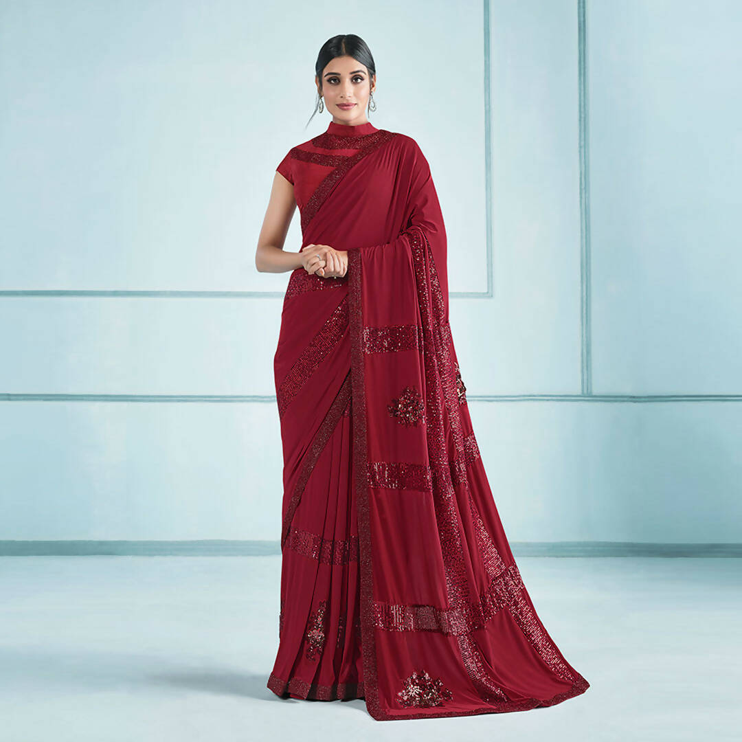 Red Lycra Sequence Embroidery Saree with Unstitched Blouse Piece - Norita Elaura | Grocsy