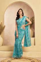 Vastranavya Sky Blue Digital Printed Linen Ready To Wear Designer Saree with Unstitched Blouse | Grocsy