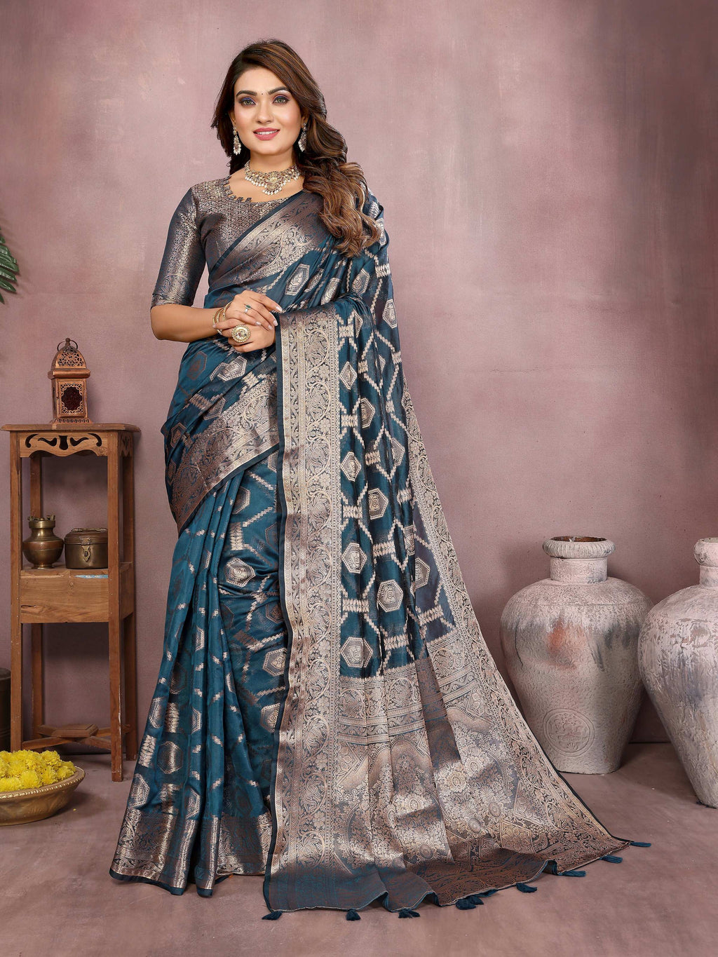 Aastha Fashion Teal Soft Organza Silk Weaving Saree | Grocsy