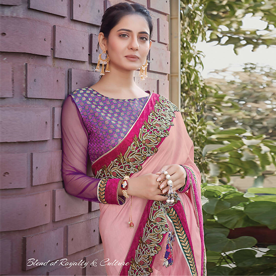 Pink Colored Silk Georgette Embroidered Saree With Blouse - Norita Royal Adveka | Grocsy
