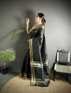 Joban Fashion Black Woven Pattern Raw Silk Kanjivaram Silk Saree | Grocsy