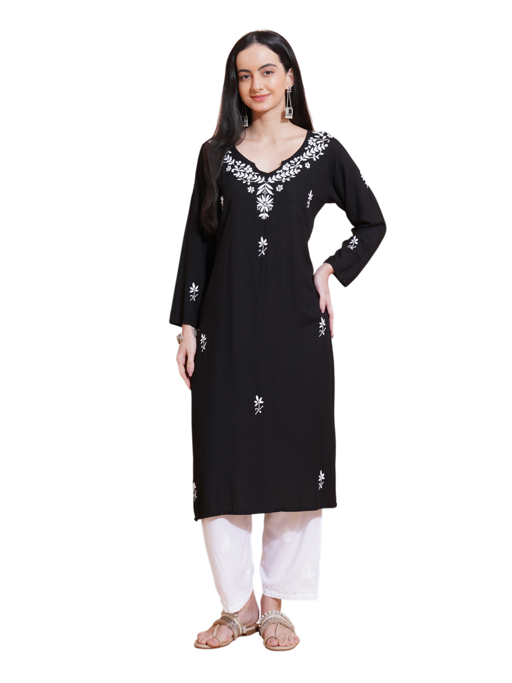 Pahnaz Luxury Rayon Chikankari Long Kurti-Black | Grocsy