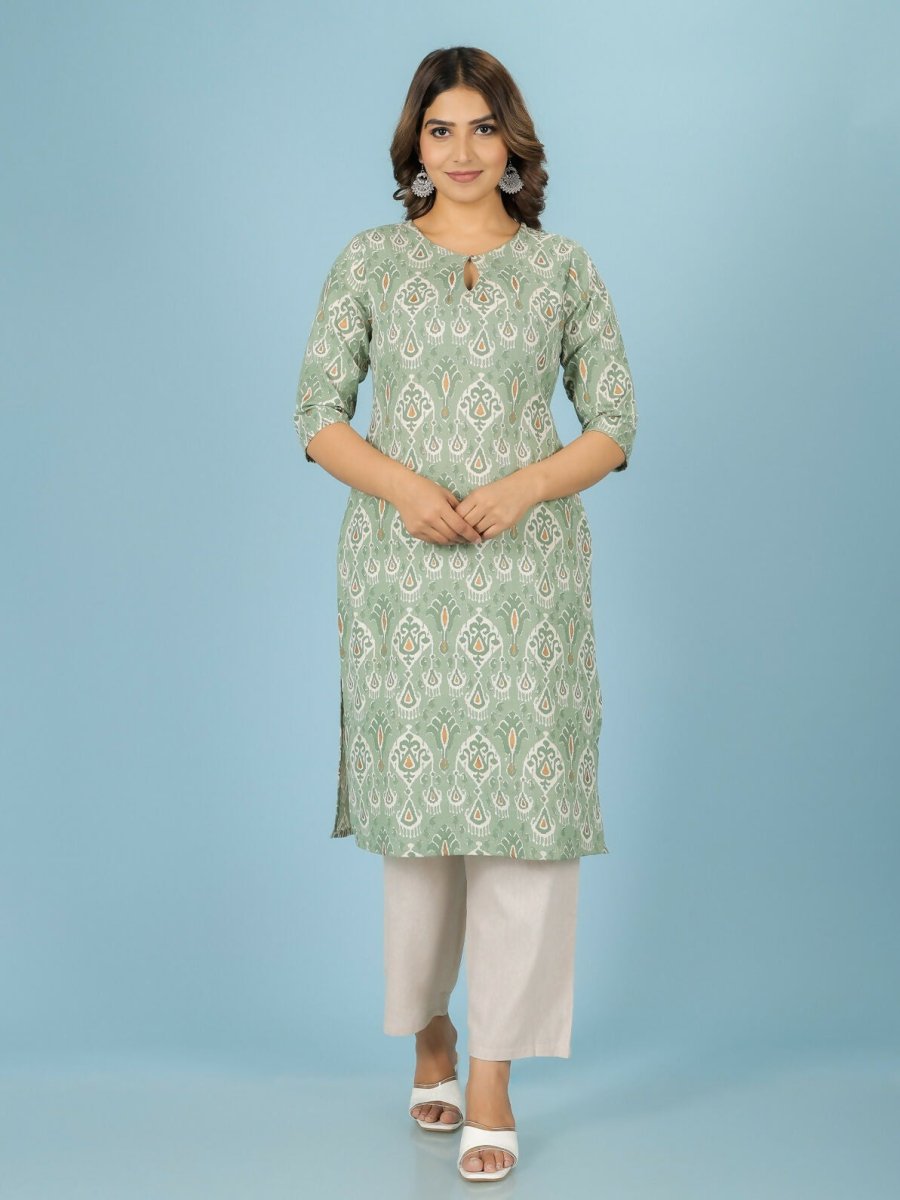 Aramya Green Linen Cotton Ikat Straight Kurta for Women | Grocsy