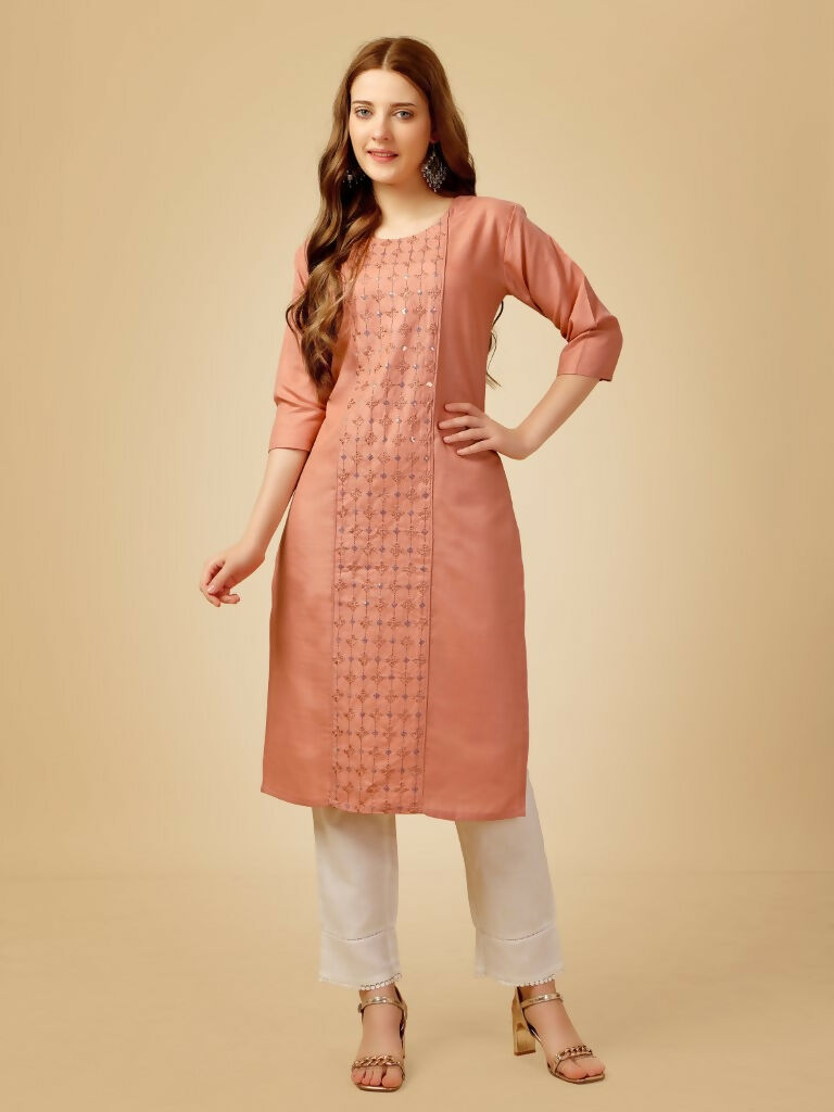Jyoti Fashion Women's Gajri Cotton Blend Embroidered Kurta Pant Set | Grocsy