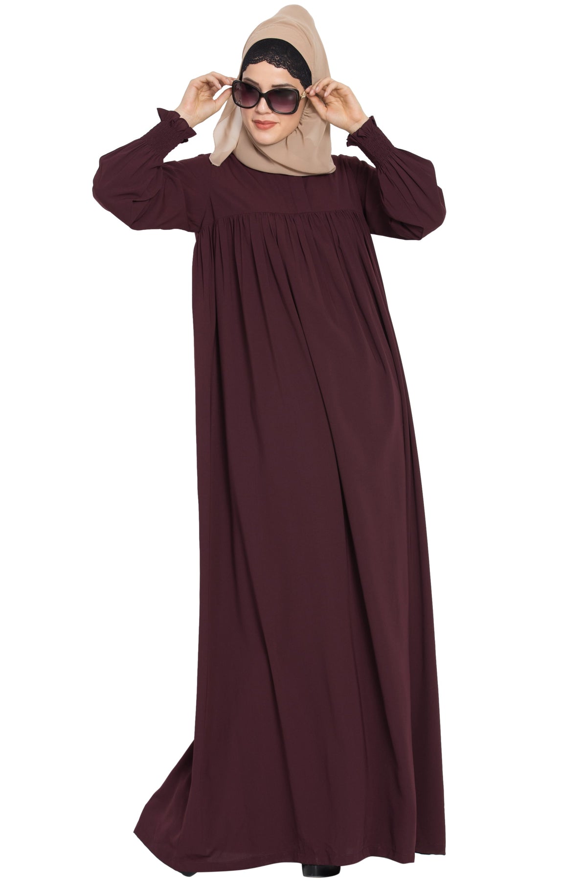 Bashariya Loose From Chest Arabian Abaya With Gather and Smocky Sleeves - Wine | Grocsy