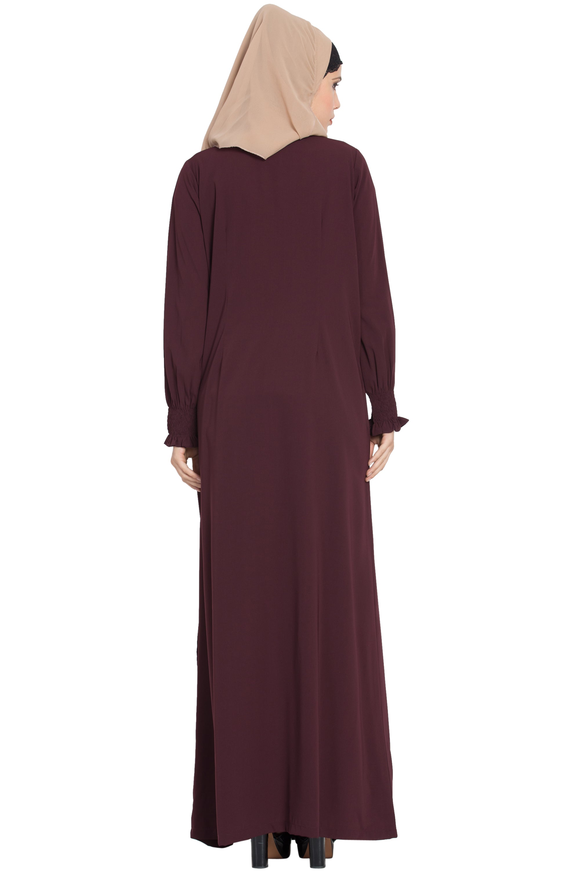 Bashariya Loose From Chest Arabian Abaya With Gather and Smocky Sleeves - Wine | Grocsy