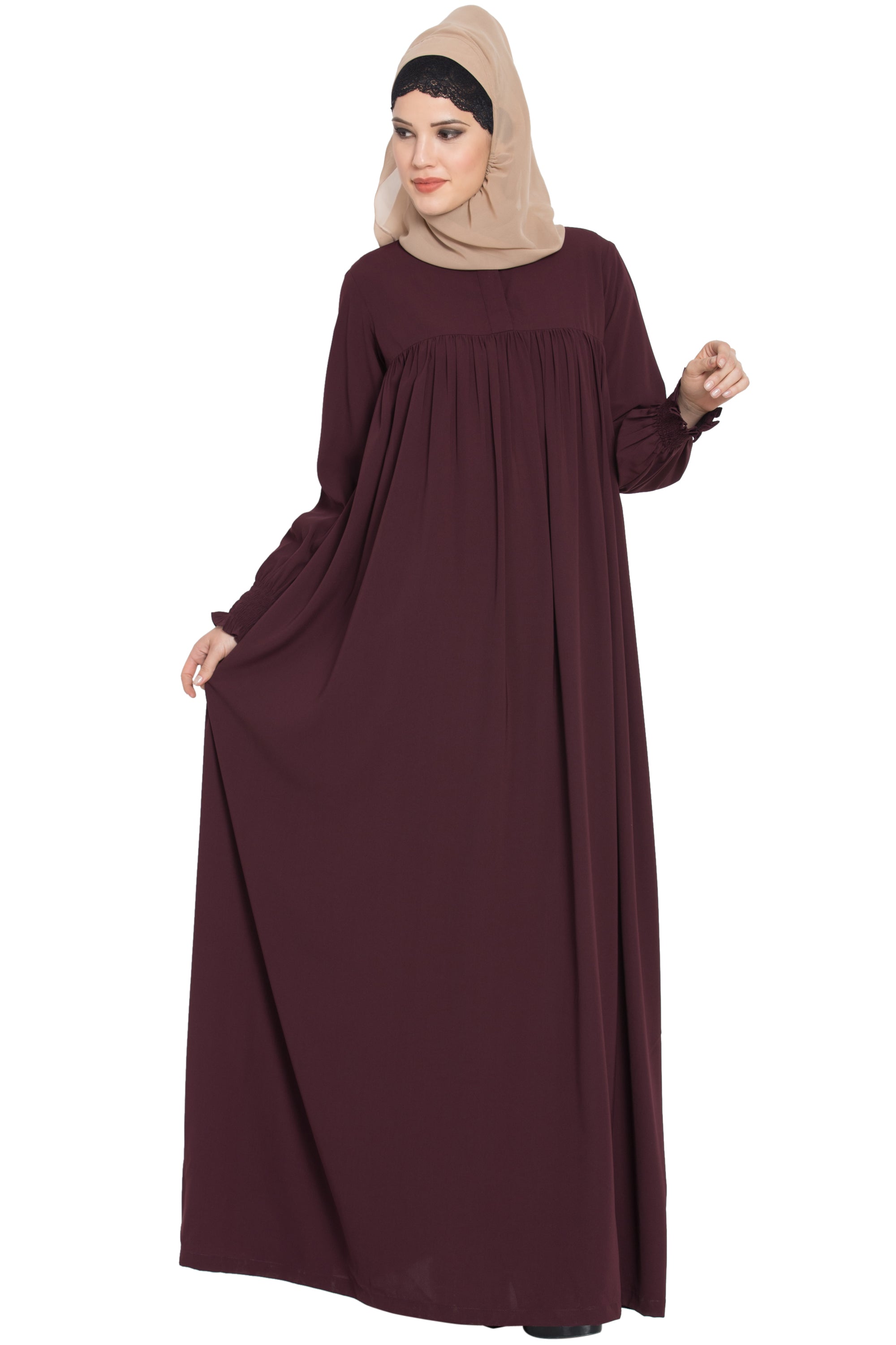 Bashariya Loose From Chest Arabian Abaya With Gather and Smocky Sleeves - Wine | Grocsy
