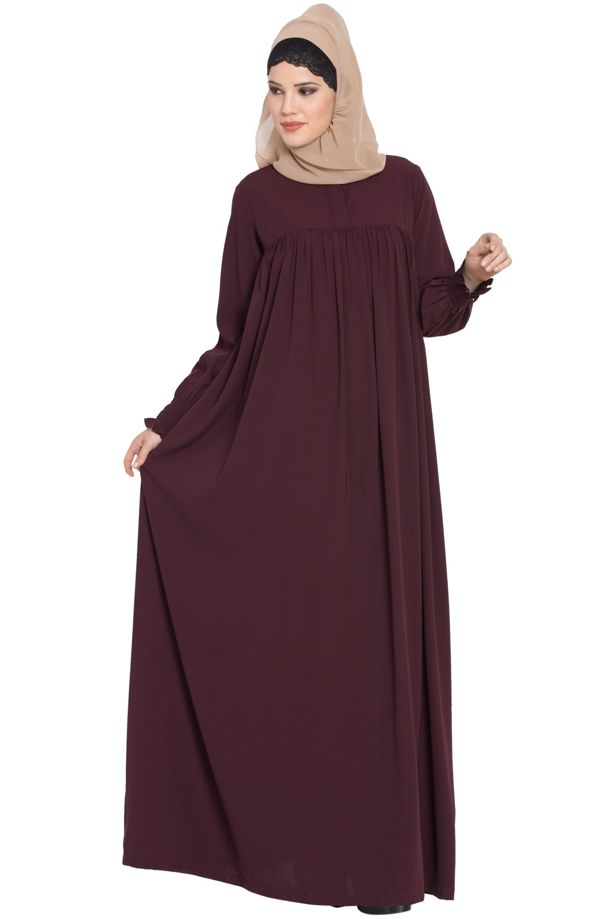 Bashariya Loose From Chest Arabian Abaya With Gather and Smocky Sleeves - Wine | Grocsy