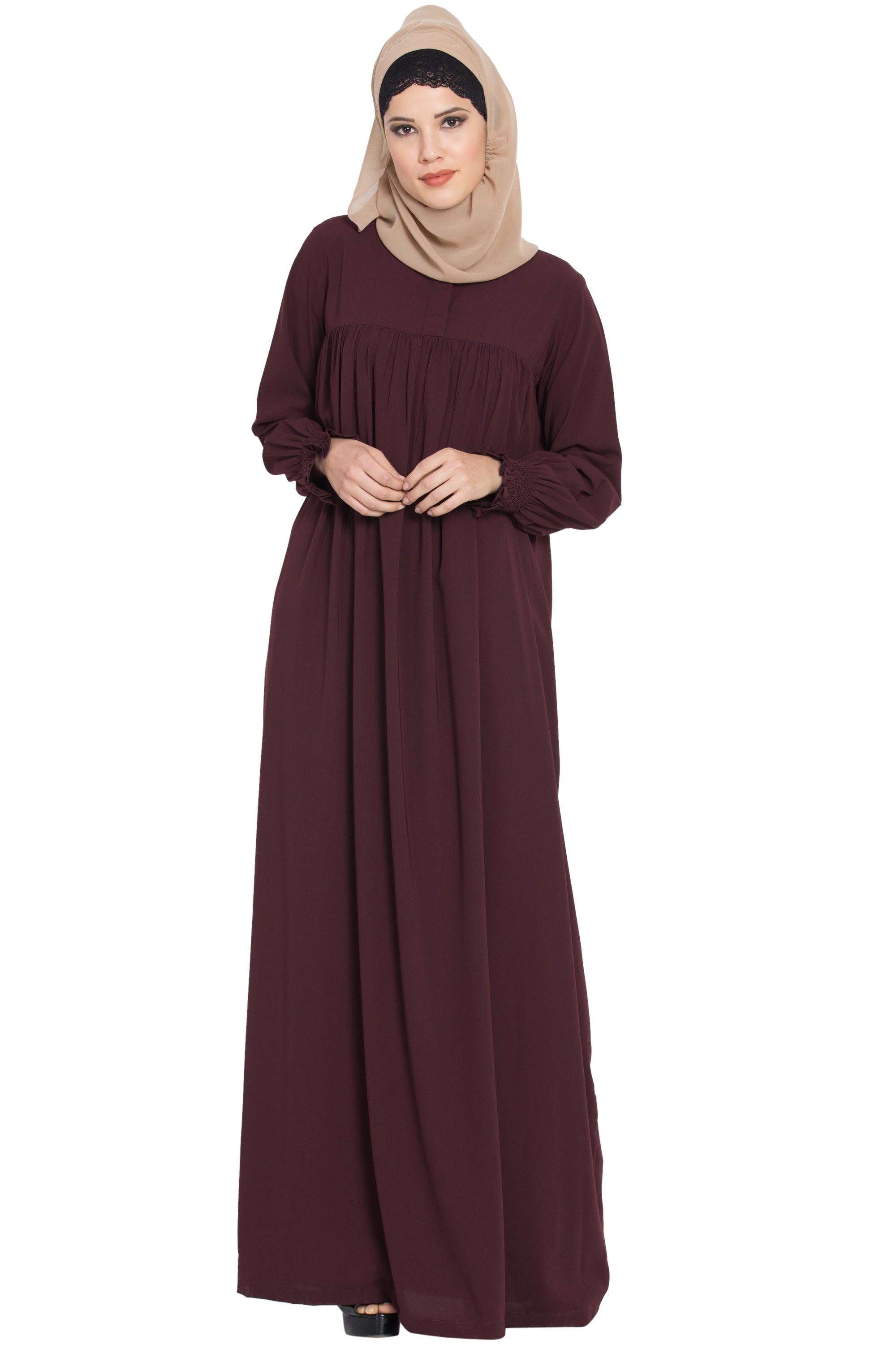 Bashariya Loose From Chest Arabian Abaya With Gather and Smocky Sleeves - Wine | Grocsy