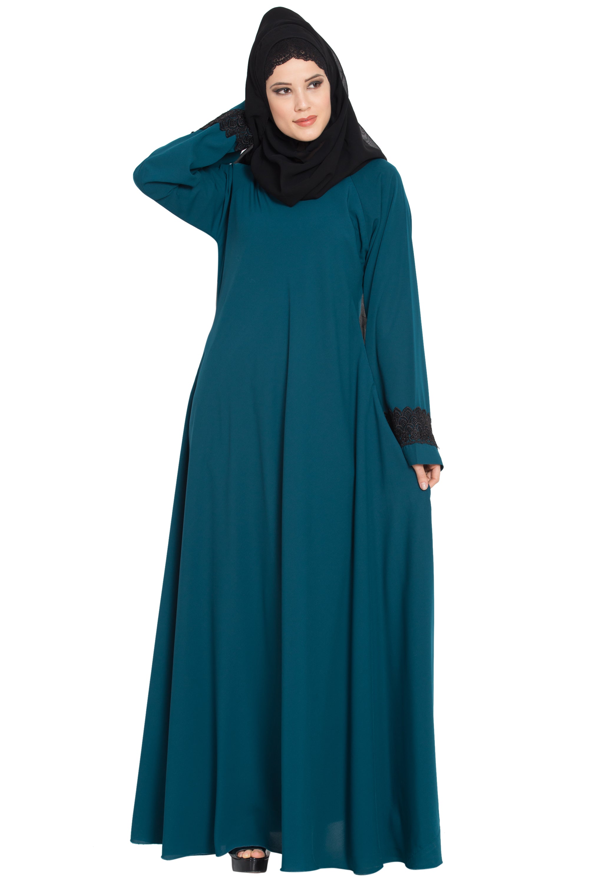 Bashariya Umbrella Flare Abaya With Lacework On Sleeves | Grocsy