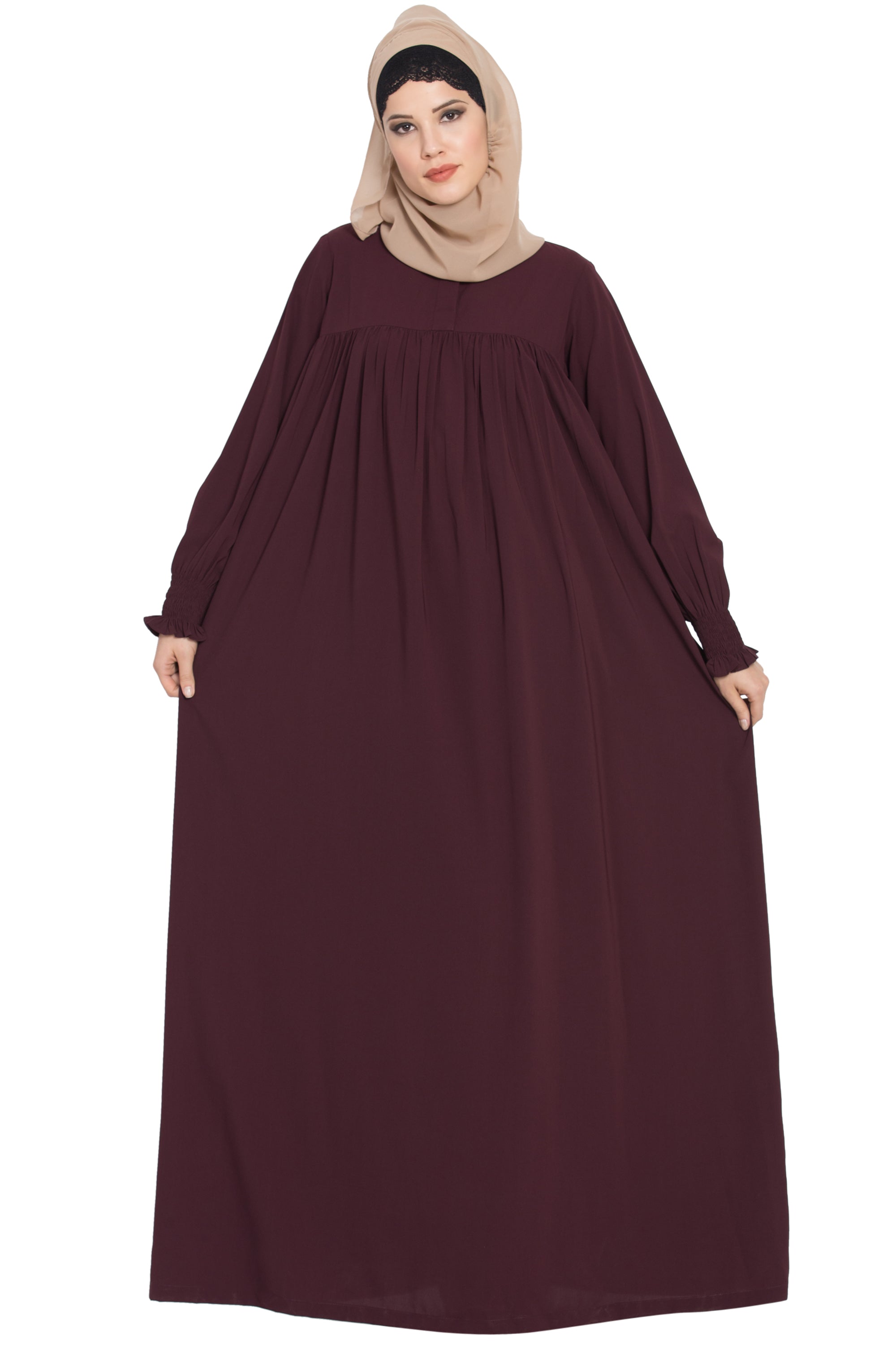 Bashariya Loose From Chest Arabian Abaya With Gather and Smocky Sleeves - Wine | Grocsy