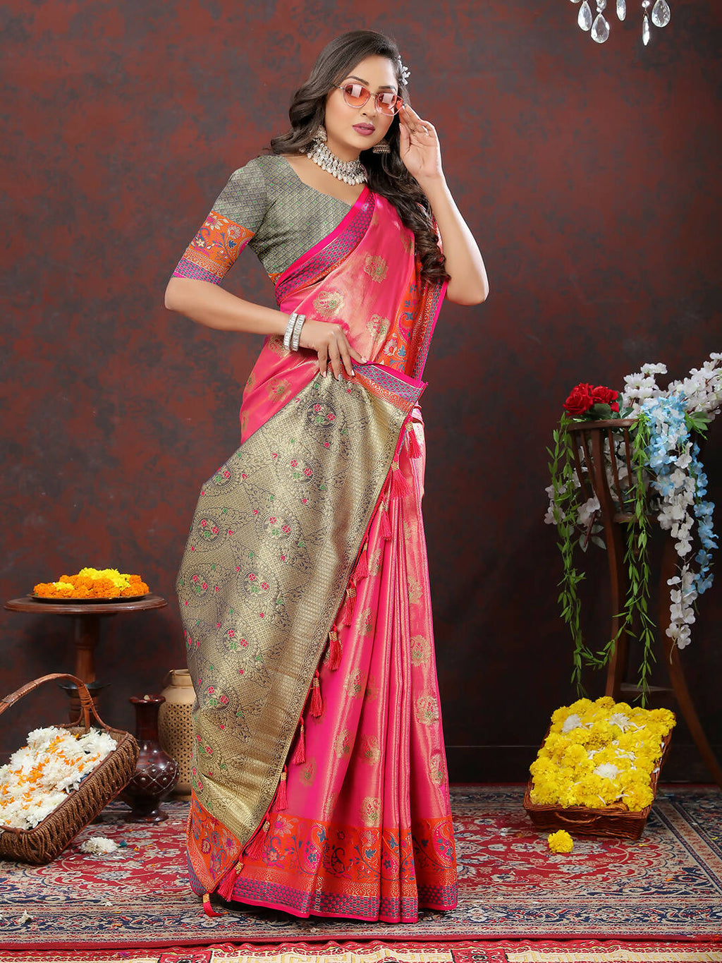 Lorenvalley Fashion Pink Kanjivaram Silk Woven Design with Zari Weaving Saree | Grocsy