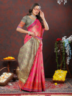Lorenvalley Fashion Pink Kanjivaram Silk Woven Design with Zari Weaving Saree | Grocsy