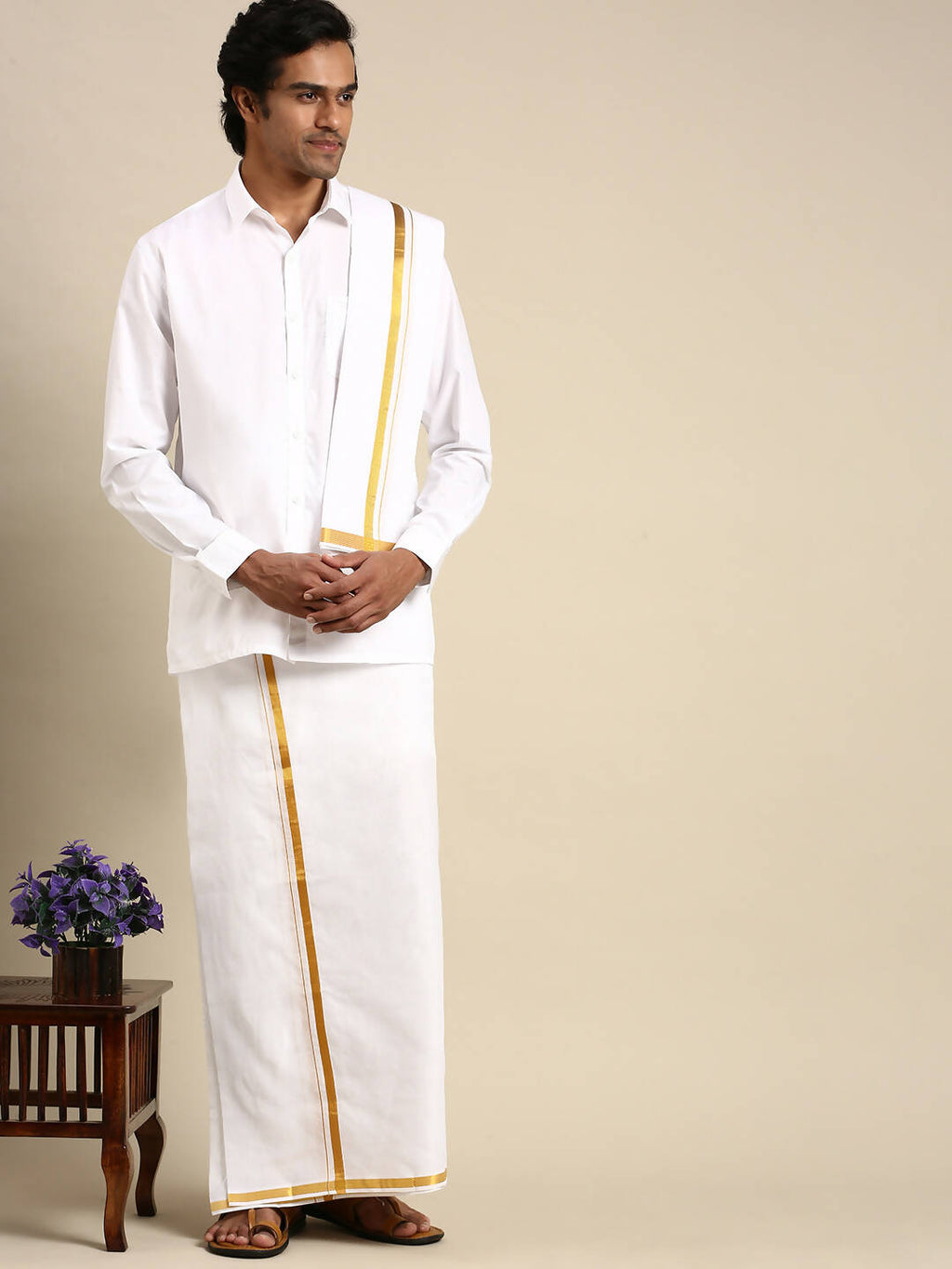 Ramraj Cotton Premium Wedding White Regular Dhoti, Shirt & Towel Set Arathi 1/2" | Grocsy