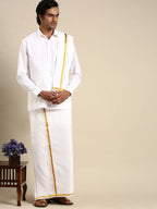 Ramraj Cotton Premium Wedding White Regular Dhoti, Shirt & Towel Set Arathi 1/2" | Grocsy