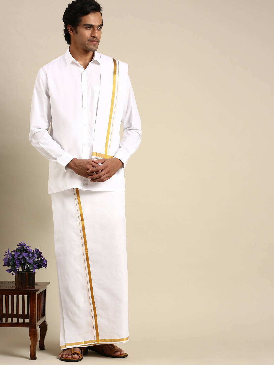 Ramraj Cotton Premium Wedding White Regular Dhoti, Shirt & Towel Set Arathi 1/2" | Grocsy